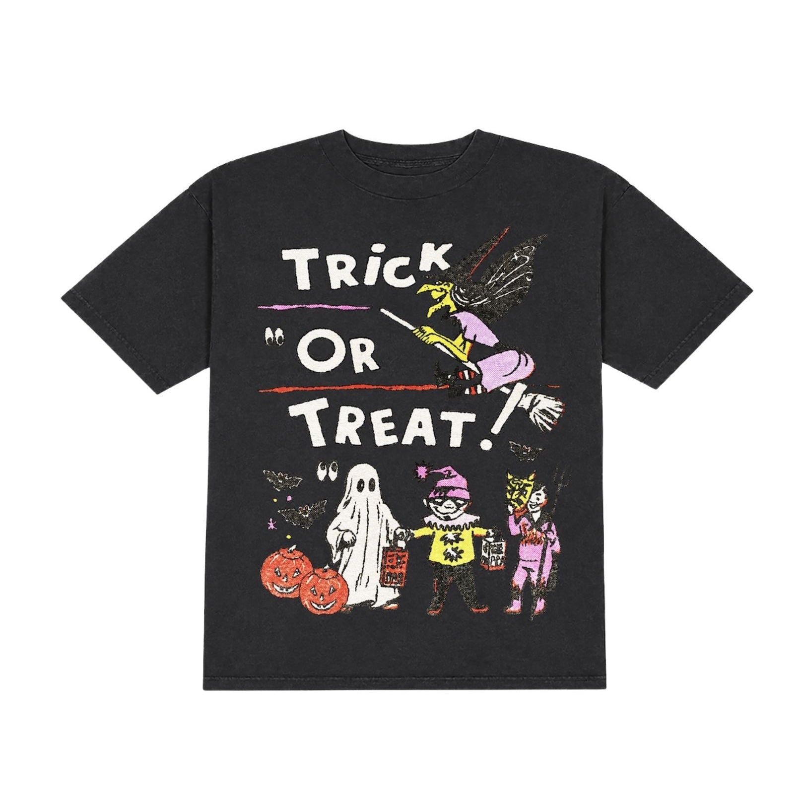A black short-sleeve crewneck t-shirt featuring a colorful graphic print on the front with the text 'Trick or Treat!' and cartoon illustrations of a witch, ghost, and child in costume.