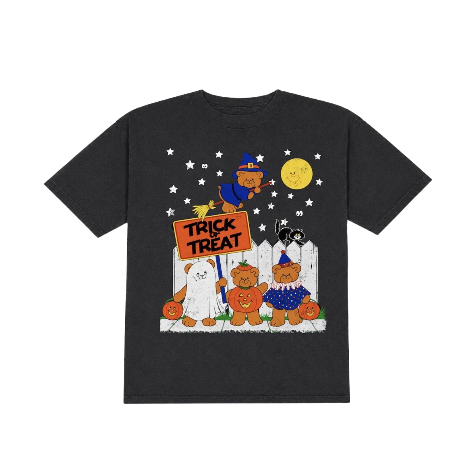 A black short-sleeve crewneck t-shirt featuring a colorful Halloween-themed graphic print on the front. The graphic depicts cartoon characters dressed as a cat, pumpkin, ghost, and witch under a full moon and stars, with a pumpkin sign reading 'TRICK TREAT'.