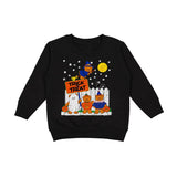 A black long-sleeve crewneck sweatshirt featuring a colorful cartoon Halloween graphic on the front with pumpkins, a ghost, a witch, a jack-o'-lantern, a moon, stars, and a 'Trick or Treat' sign.