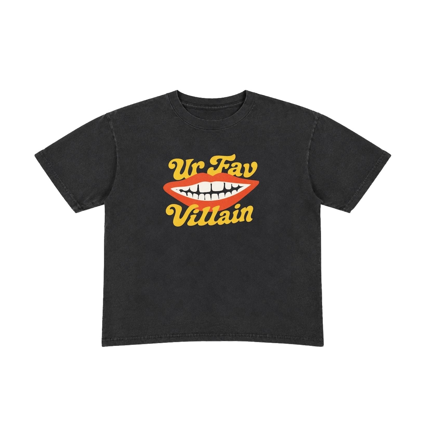 A black short-sleeve t-shirt with a graphic on the chest featuring yellow text that reads 'Ur Fay' above and 'Villain' below a red and white grinning mouth, shown on a plain white background.