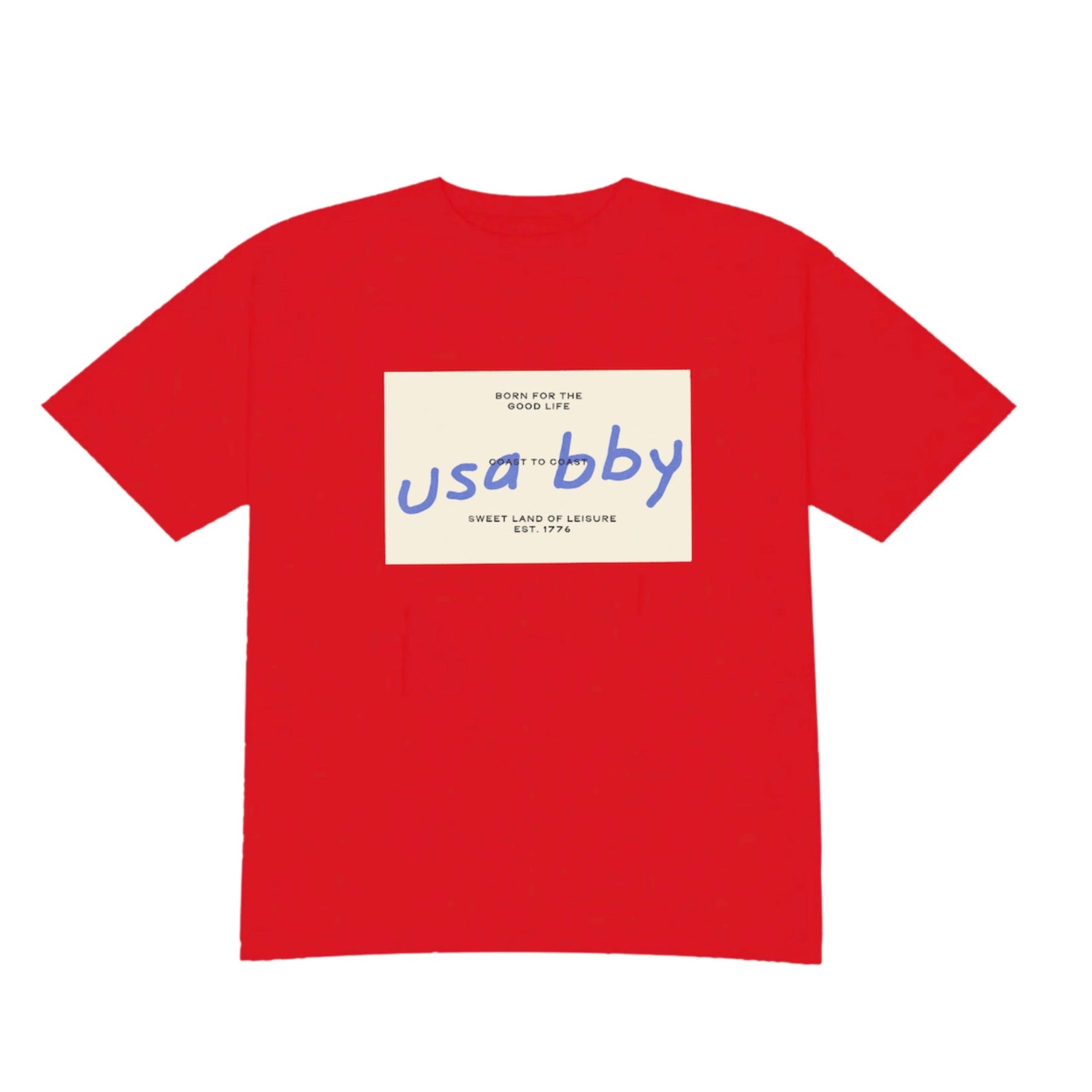 red tee with text that says usa bby