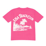 Pink t-shirt with 'USA Beach Club' text and beach graphic on a white background