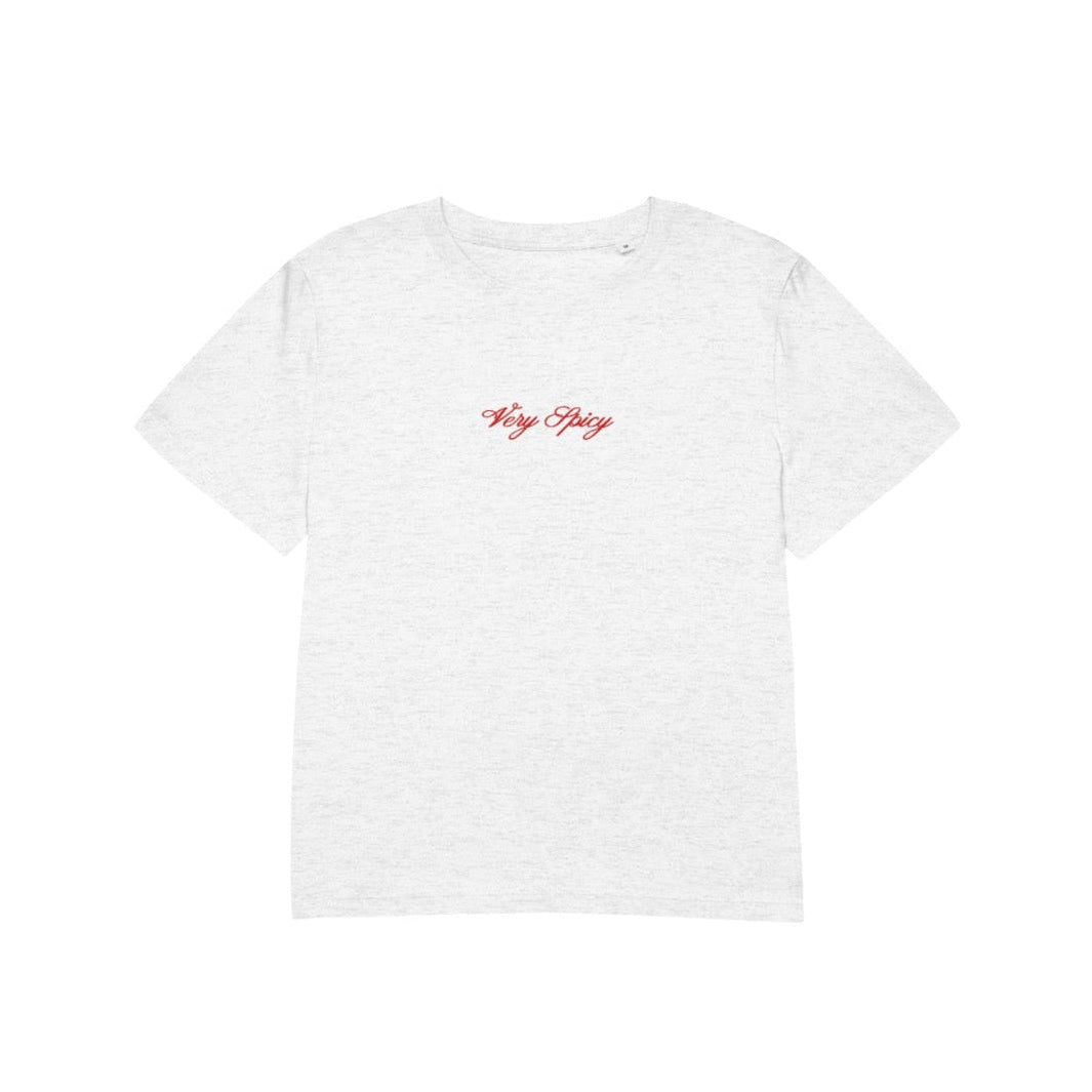 White t-shirt with red text on a white background