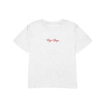 White t-shirt with red text on a white background
