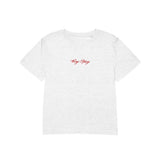 White t-shirt with red text on a white background