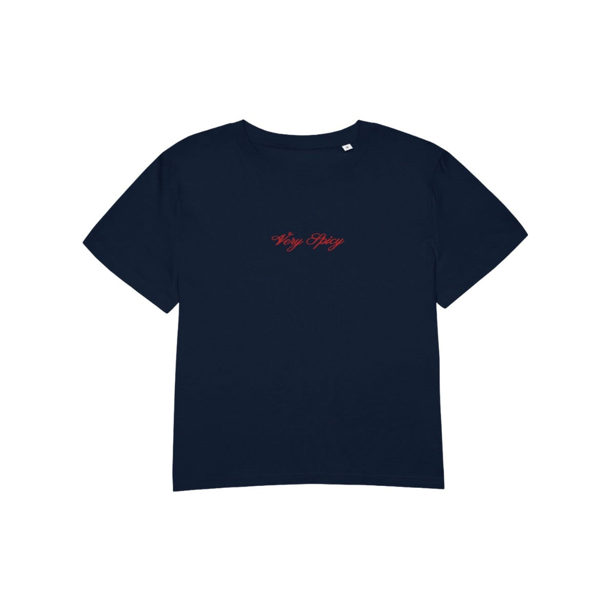Navy blue t-shirt with red text on a white background