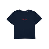 Navy blue t-shirt with red text on a white background