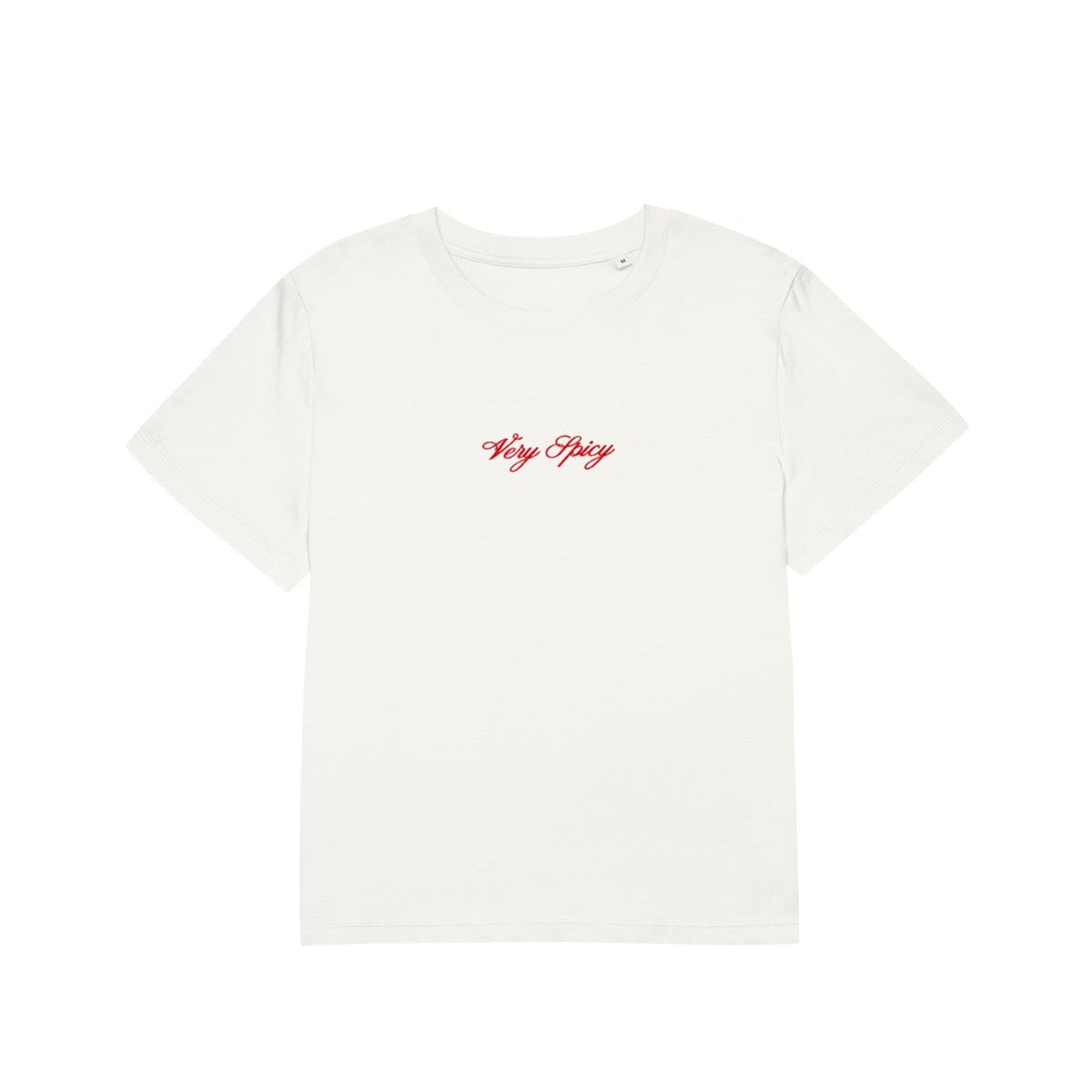 White t-shirt with red text on a white background
