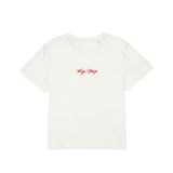 White t-shirt with red text on a white background