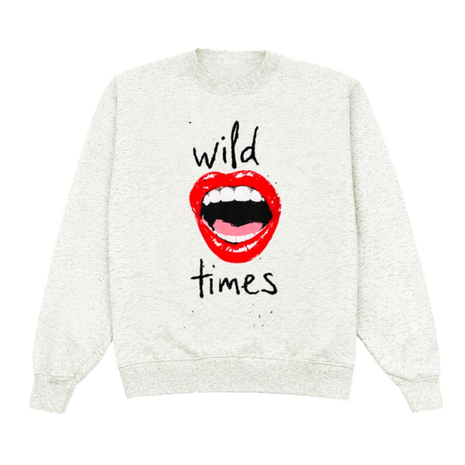 White sweatshirt with red lips and 'wild times' text on a white background
