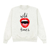 White sweatshirt with red lips and 'wild times' text on a white background