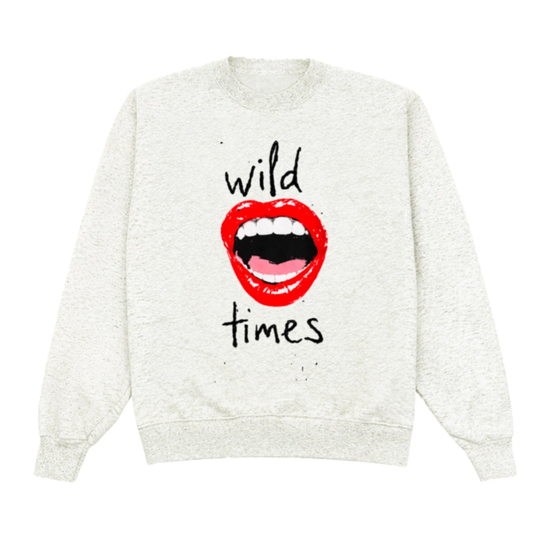 White sweatshirt with red lips and 'wild times' text on a white background