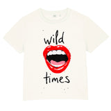 White t-shirt with red lips and 'wild times' text on a white background