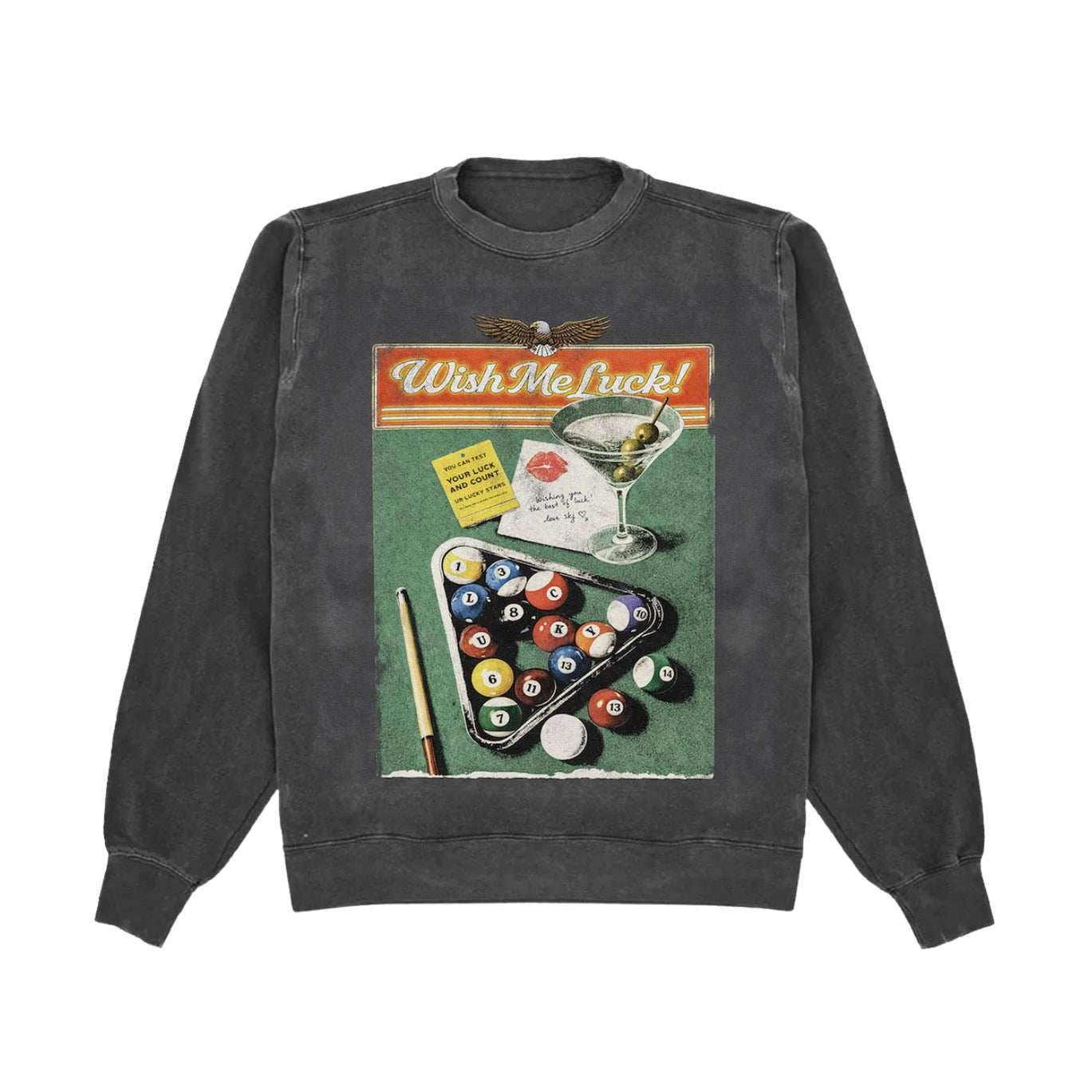 Gray sweatshirt with a pool table design and 'Wish Me Luck!' text on a white background