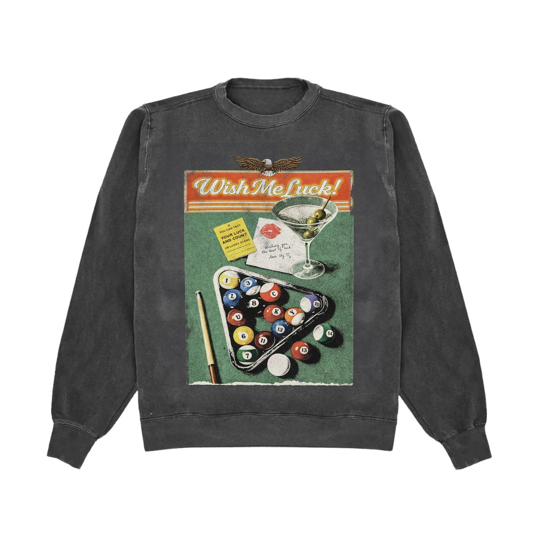 Gray sweatshirt with a pool table design and 'Wish Me Luck!' text on a white background
