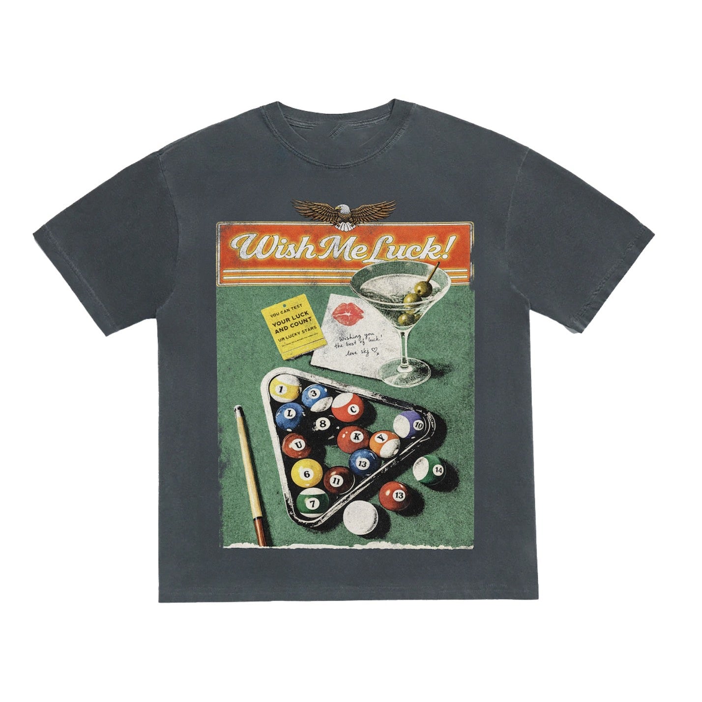 T-shirt with a graphic design of pool balls and text on a white background