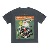 T-shirt with a graphic design of pool balls and text on a white background