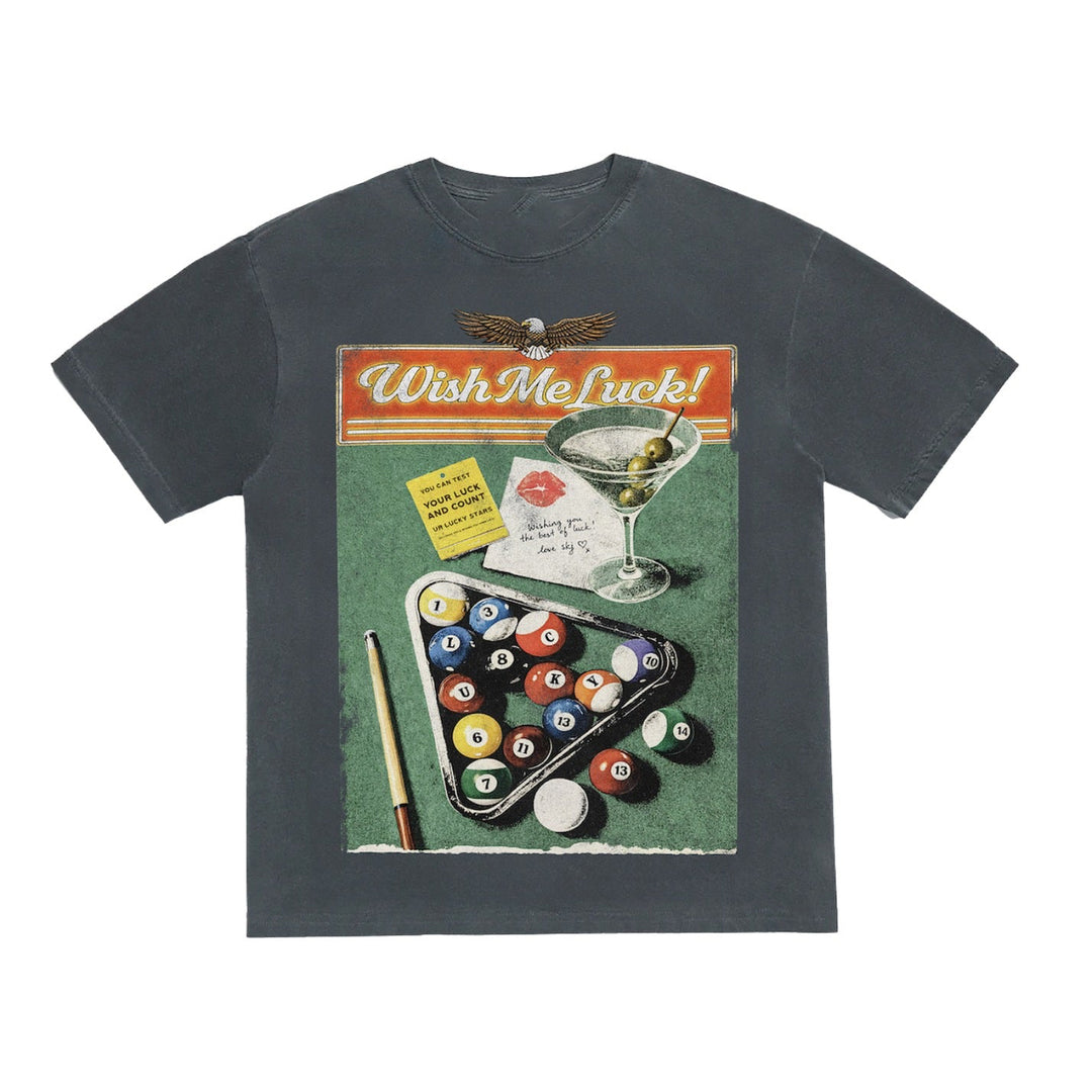 T-shirt with a graphic design of pool balls and text on a white background