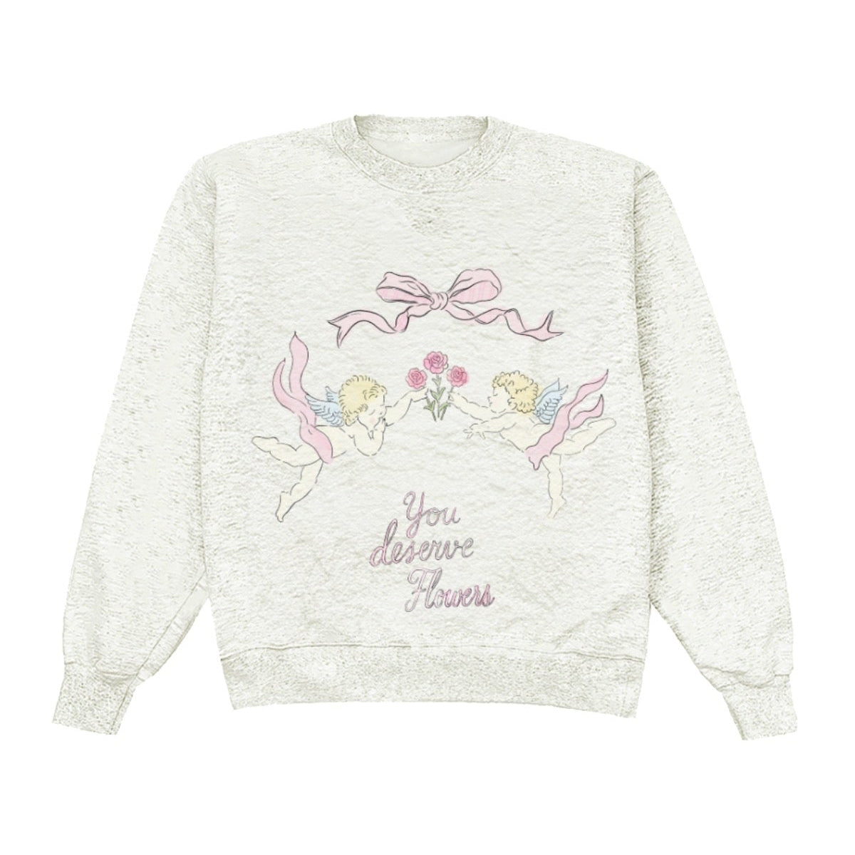 White sweatshirt with embroidered design and text on a white background