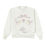 White sweatshirt with embroidered design and text on a white background