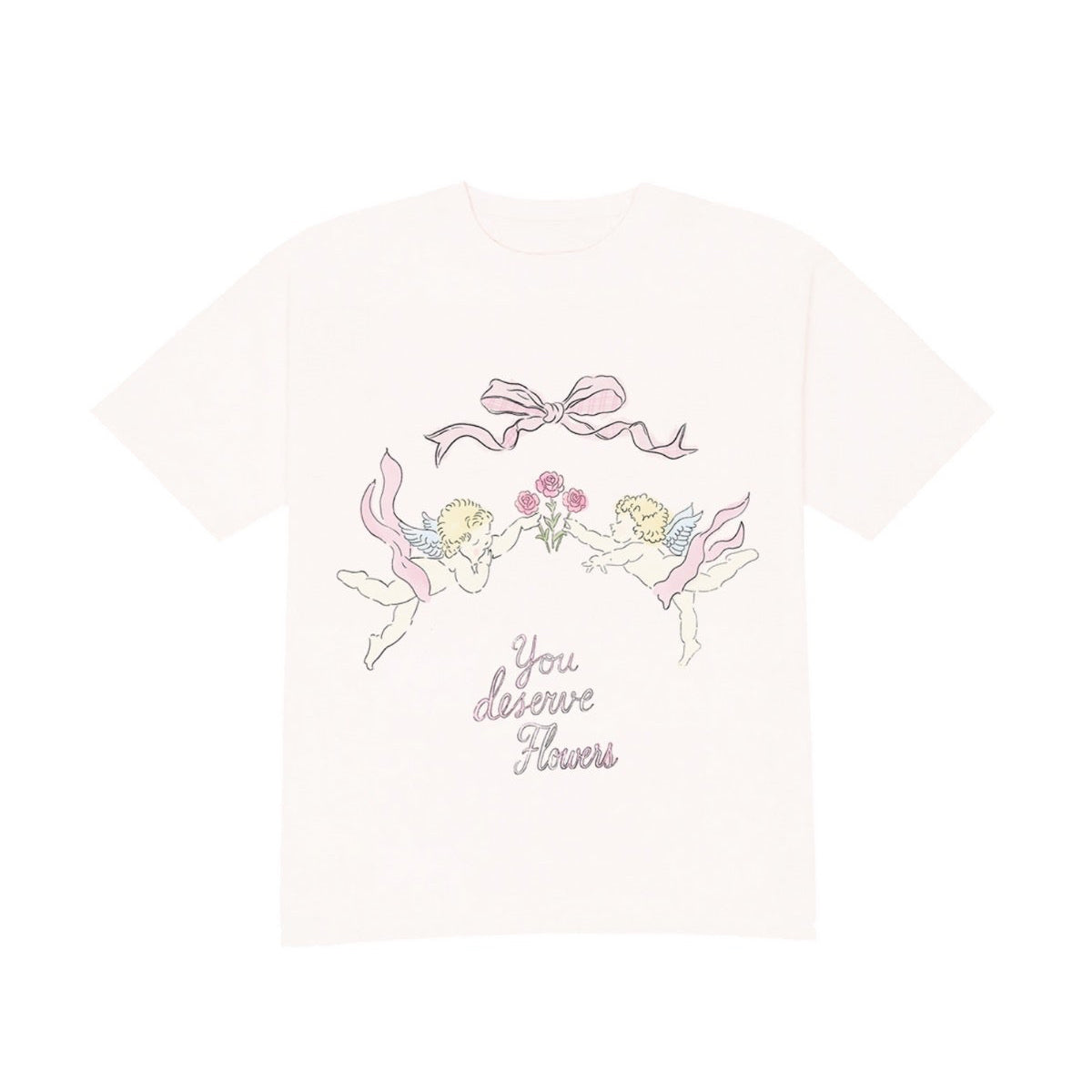White t-shirt with fairy design and text on a white background