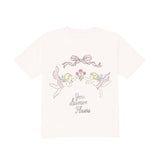 White t-shirt with fairy design and text on a white background